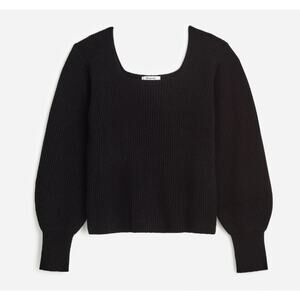 Madewell Soft Wool Square-Neck Pullover Sweater Sz M Black Ribbed Blouson Sleeve